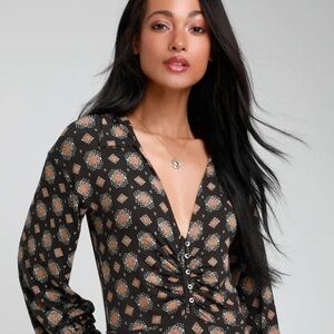 Free People - Sydney's Party Washed Black Print Long Sleeve Top
